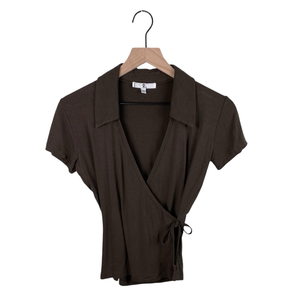 Vintage Y2K Rampage Brown Wrap Front Collared Tee Short Sleeves Size Small Fairy - Picture 8 of 9